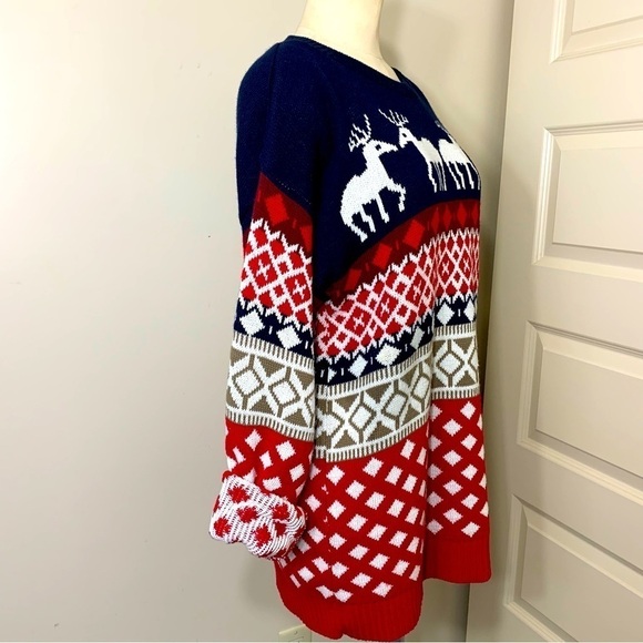 Fair isle Knit Sweater Sz S Oversized Blue Red Winter Deer Ugly Xmas Pullover - Picture 7 of 11